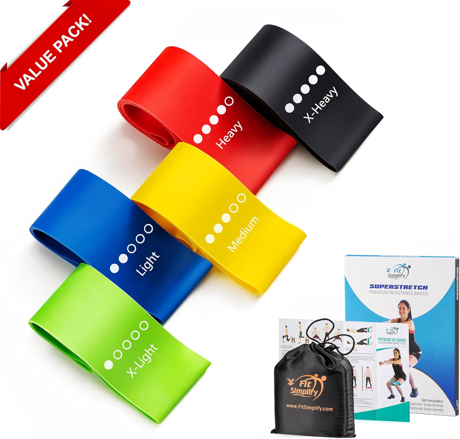 Resistance Loop Exercise Bands Set of 5 with Carry Bag and Instruction Guide – Home Workout Fitness Bands